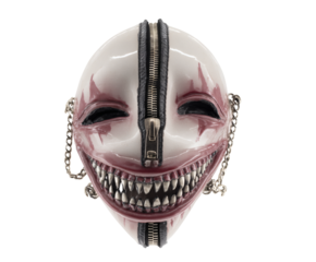 A chilling, unsettling mask with a zipper mouth and a menacing grin.