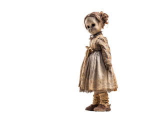 A chilling antique doll with a worn dress and unsettling expression.