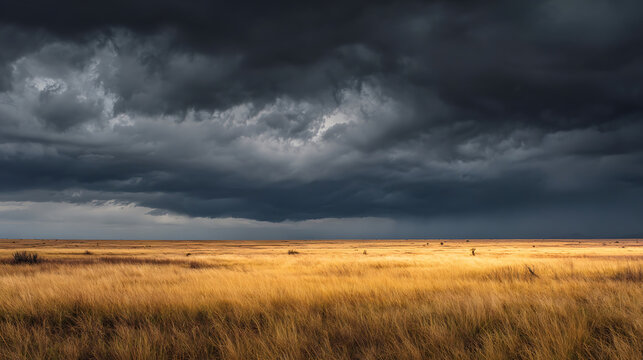Dramatic storm clouds gather over golden savanna grassland image