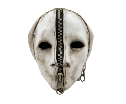 A chilling white mask with a zipper down the center, creating a spooky and mysterious image.