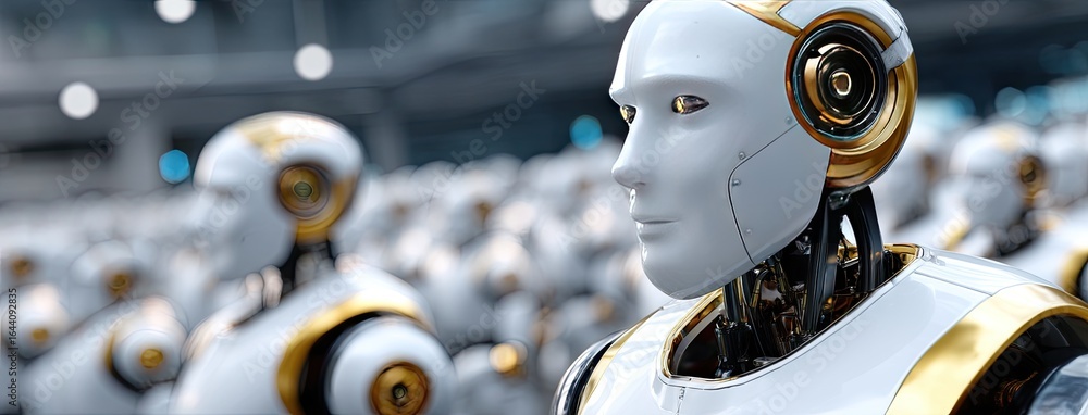 Poster robotic figures lined up in a futuristic setting showcasing advanced design and technology at a tech