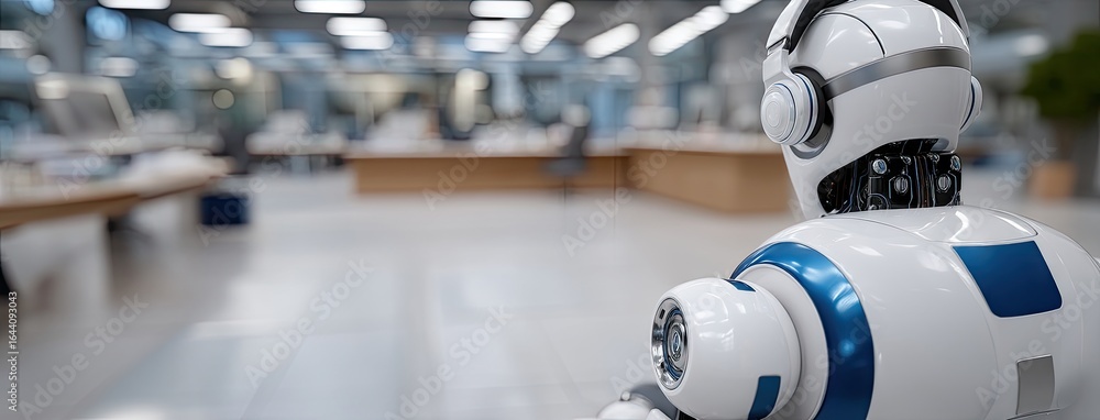Poster robots in a futuristic environment showcasing advanced technology and design in a spacious indoor se