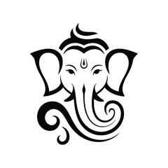 Stylized Ganesh Chaturthi greeting card with minimalist black and white line art of Lord Ganesha’s head featuring swirling trunk and tilak