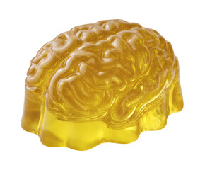 A golden gummy brain against a black background, representing mind and thought.
