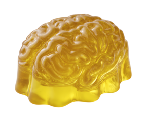 A golden gummy brain against a black background, representing mind and thought.