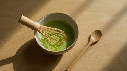 Elegant Still Life of Matcha Green Tea Preparation with a Bamboo Whisk in a White Ceramic Bowl and a Wooden Spoon on a Sunny Wooden Table.