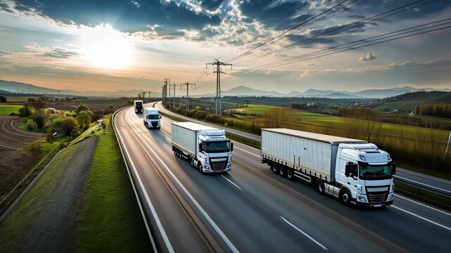 Multiple trucks drive on a highway surrounded by fields and mountains as the sun sets, creating a picturesque view of nature