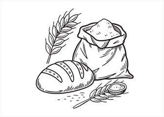 Artistic Monochrome Illustration of Bread Flour and Wheat Stalks for Baking Projects and Culinary Arts Designs