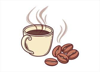 Freshly Brewed Coffee Cup with Coffee Beans Cartoon Illustration Design on White Background Caffeine Beverages