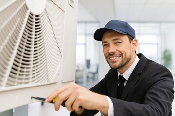 Skilled Technician Performing Maintenance on Air Conditioning Unit in Modern Office Environment with Bright Natural Lighting