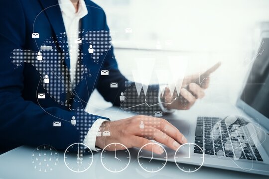 Global Business Connection: Man Analyzing Financial Data with Laptop and Digital Overlay
