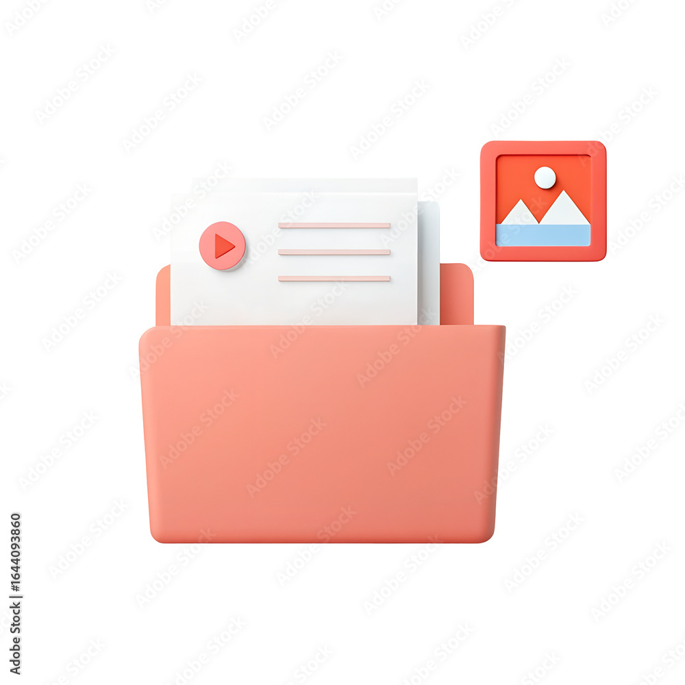 Poster 3d folder with documents and image icon isolated on transparent background
