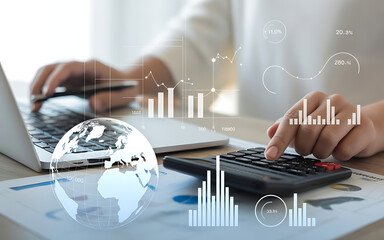 Person using laptop calculator and globe with data overlay