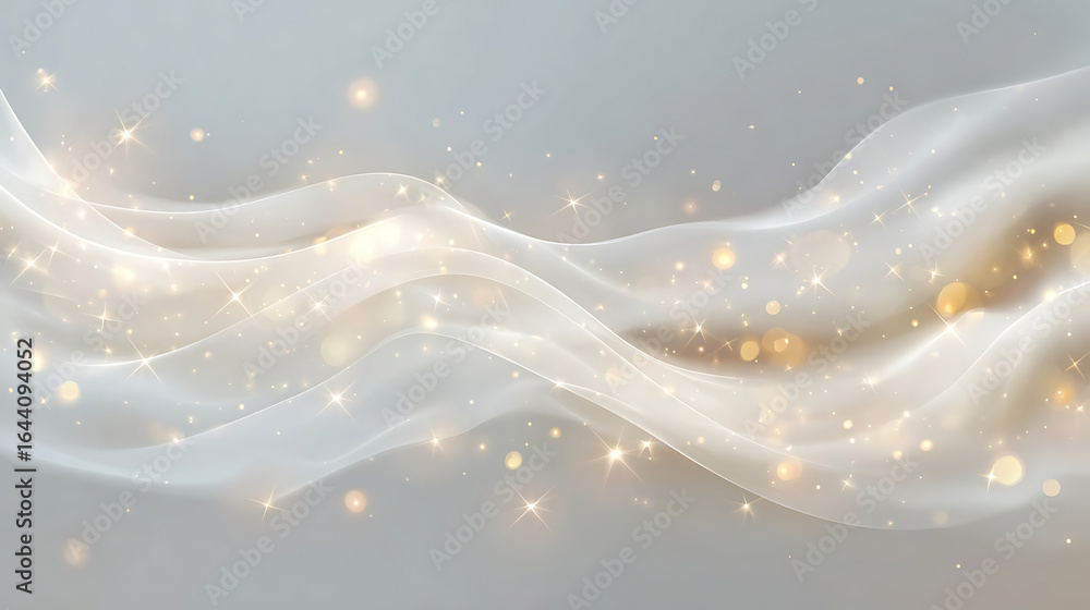 Poster ethereal white fabric waves with golden sparkles and bokeh abstract background
