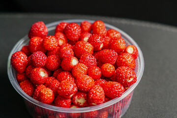 Fresh Wild Strawberries in a Clear Plastic Bowl on Car Seat