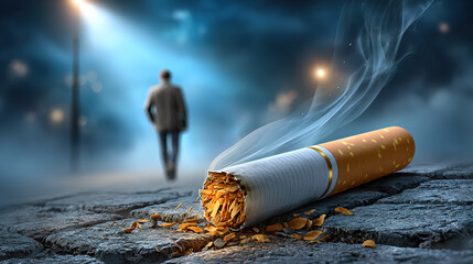 A person walks away from a discarded cigarette, representing quitting and health.