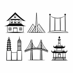 Fototapeta premium Set of asian landmarks isolated on white background in minimalist style for travel and tourism