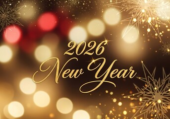 Golden 2026 new year celebration with festive bokeh and sparkling snowflakes for holiday greeting cards