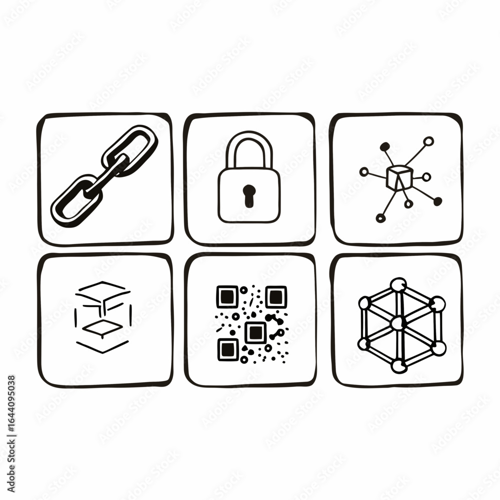 Poster illustration of data and network security icons with chain, lock, and cube isolated on white backgro