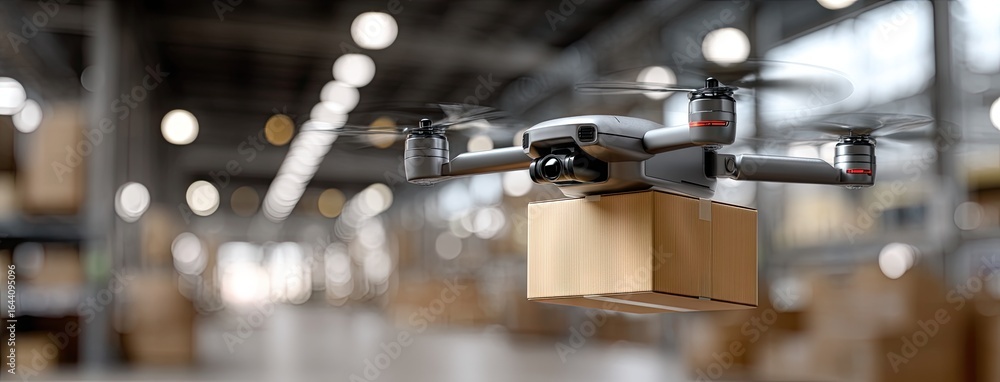 Poster drone delivers package inside a large warehouse filled with cardboard boxes during the daytime while