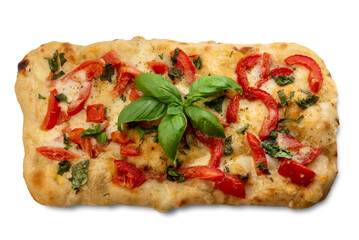 Rectangular pizza with fresh tomatoes, cheese, and basil leaves, isolated