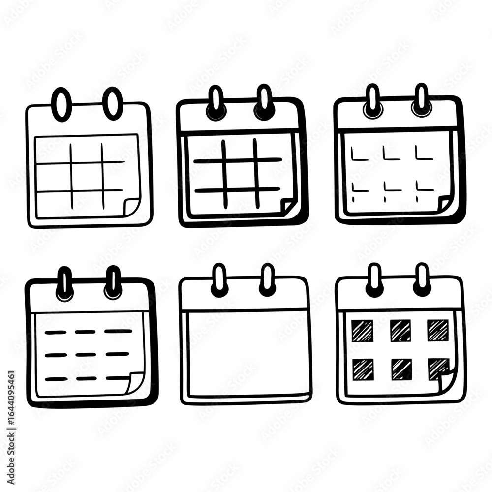 Poster set of hand drawn calendar icons isolated on white background for planning and scheduling events