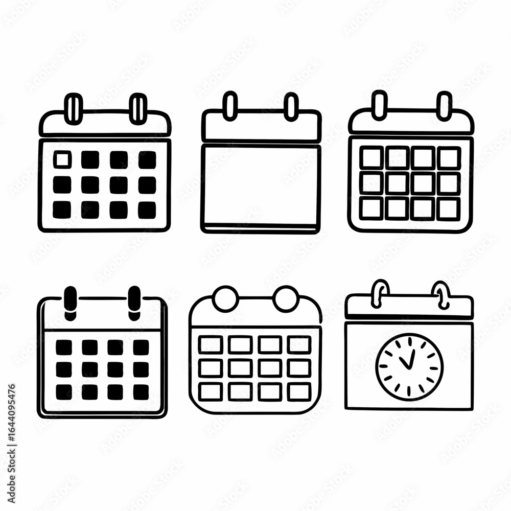 Poster hand drawn calendar icons isolated on white background for planning and scheduling with clock icon