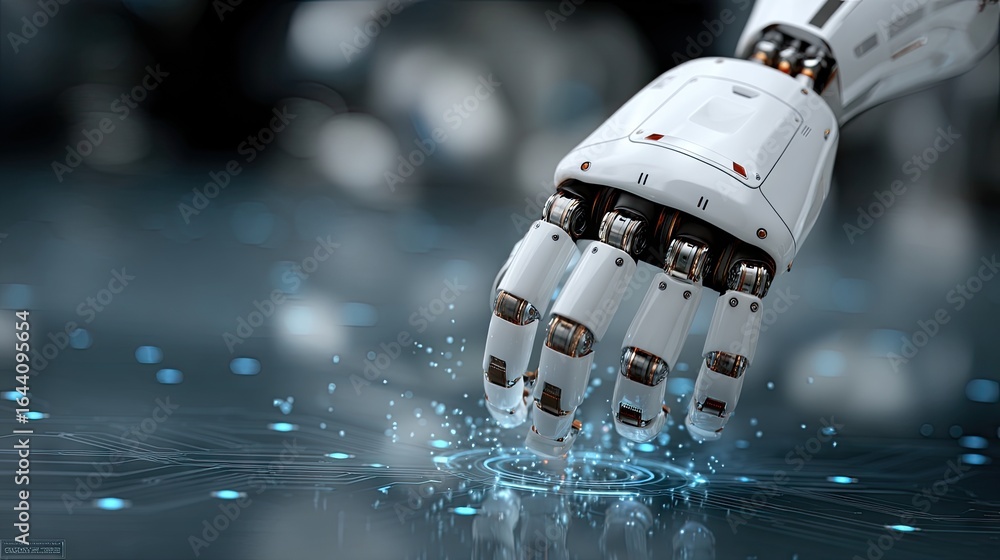 Poster advanced robotic hand interacts with illuminated digital interface in a futuristic environment durin