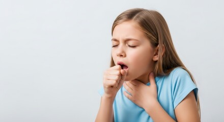 Young caucasian girl suffering from cough, holding hand on chest and fist to mouth, eyes closed. Health concept for child.