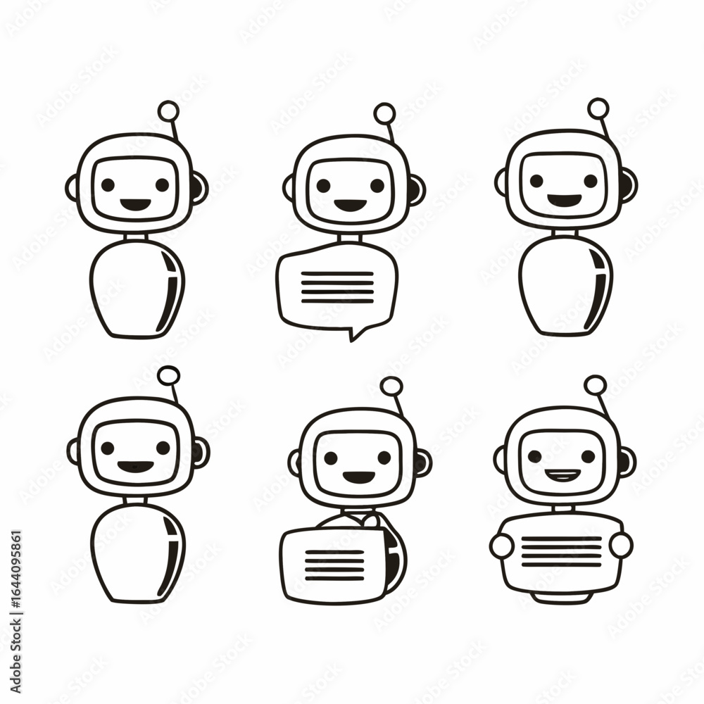 Poster collection of cute robot characters isolated on white background for chatbot and virtual assistant d
