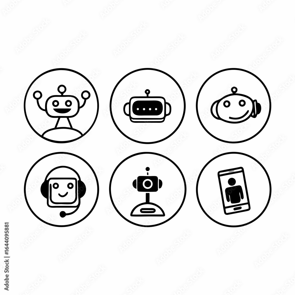 Poster set of robot icons in circles isolated on white background for chatbot and virtual assistant designs