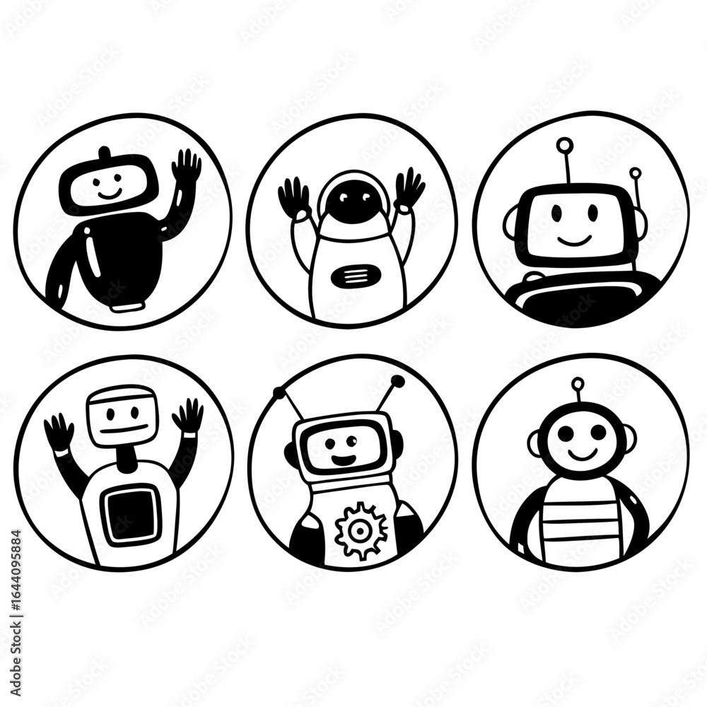 Poster collection of robot icons in circles isolated on white background for chatbot and virtual assistant 