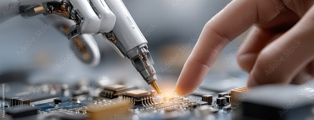 Poster robotic figures stand in a futuristic setting with metallic features and a crowd formation under art