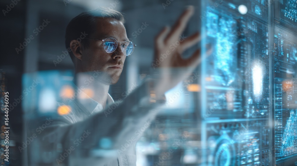 Poster focused medium shot of a digital analyst interacting with a holographic interface displaying aipower