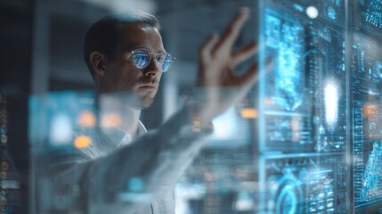 Focused medium shot of a digital analyst interacting with a holographic interface displaying AIpowered breach patterns while the surrounding control room remains softly blurred.
