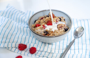 Steel Cut Oats Served with Fresh Raspberries and Blueberries