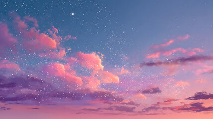 Fototapeta premium Dreamy twilight sky with pink clouds and sparkling stars purple