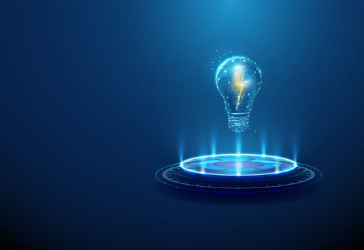 Light bulb with yellow lightning inside on futuristic podium. Renewable energy, sustainable power, clean energy innovation, eco-friendly technology, energy efficiency concept