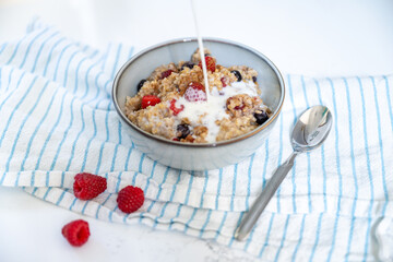 Steel Cut Oats Served with Fresh Raspberries and Blueberries