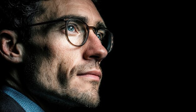 Portrait of a cheerful businessman dressed in formal attire wearing glasses captured in a studio setting with a black backdrop showcasing his confident smile - Powered by Adobe