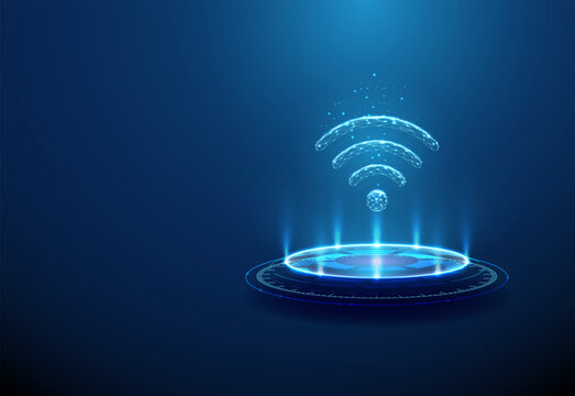 Wireless communication symbol on futuristic podium. Comprehensive connectivity, Wi-Fi, Li-Fi, 5G, 6G, edge computing, satellite internet technologies concept.