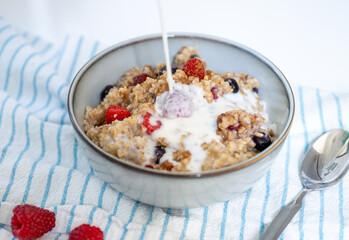 Steel Cut Oats Served with Fresh Raspberries and Blueberries