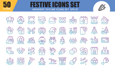 Festive Gradient Outline Icons Set. Vector illustration.This icons related to celebrations and festivals like Christmas, New Year, and more.