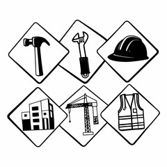 Hand drawn construction and architecture icons isolated on white background in a diamond shape