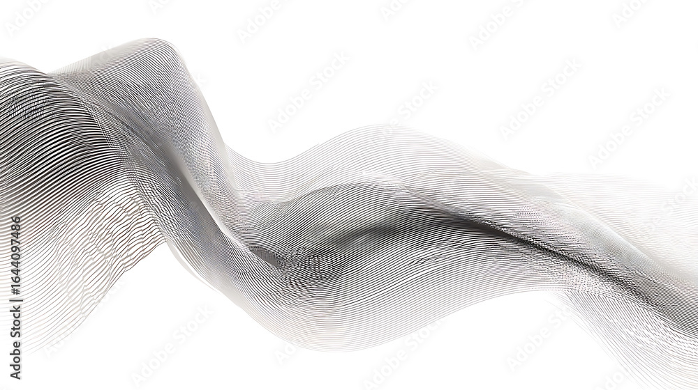 Poster flowing abstract lines creating a dynamic wave pattern in shades of grey and white background