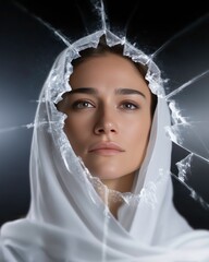 Determined Middle Eastern Woman in White Hijab Breaking Through Glass Barrier