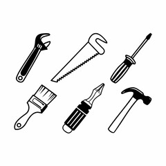 Set of construction tools isolated on white background, including wrench, saw, screwdriver and hammer