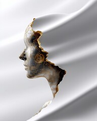 Abstract Silhouette of a Woman’s Face with Mechanical Gears Emerging from White Fabric