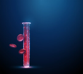 Blood test tube with floating red blood cells nearby. Blood analysis, hematology diagnostics, laboratory testing, medical research, personalized medicine concept.