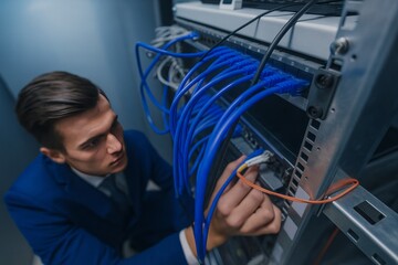 Professional IT Technician Managing Network Cables in a Server Room for Optimal Performance and Connectivity